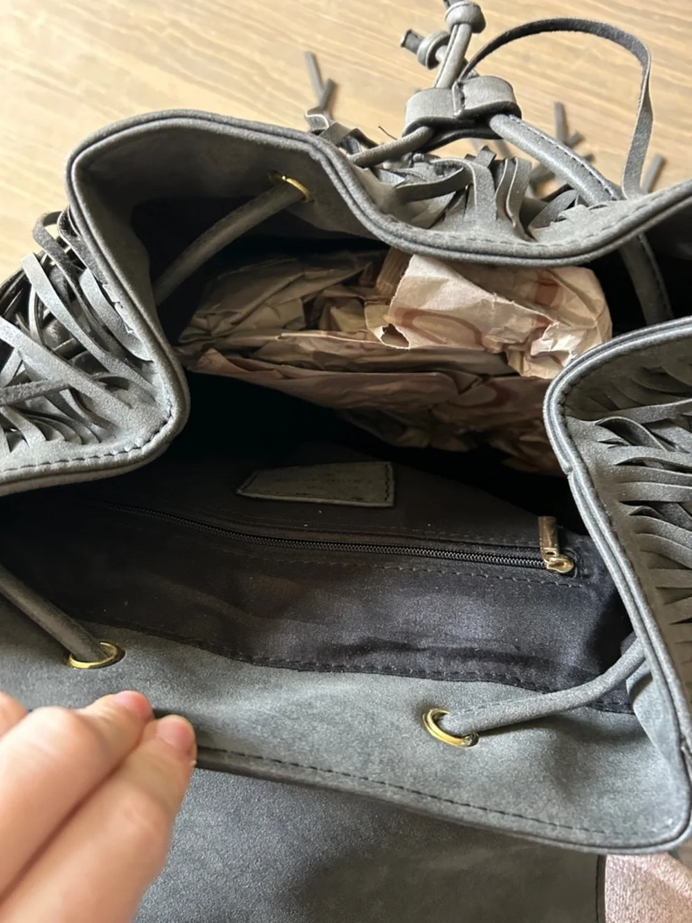 NWT Expressions NYC Grey Fringe Backpack with Drawstring/Button Flap